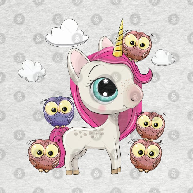 Cute little unicorn girl and owls with clouds and pink hair by playmanko